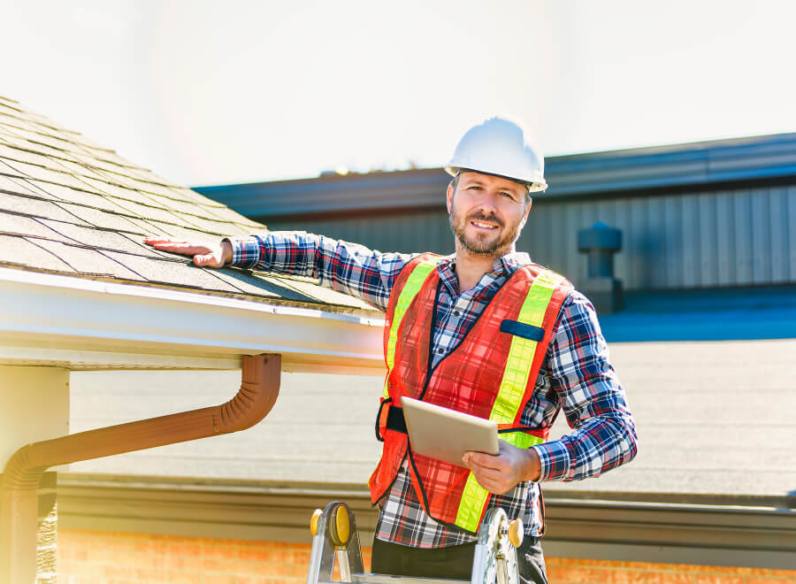 Roofing technician fixing gutter system