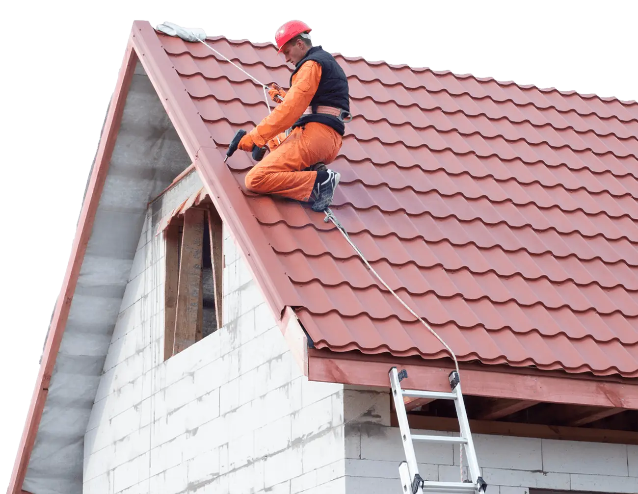Roofing worker on metal roof